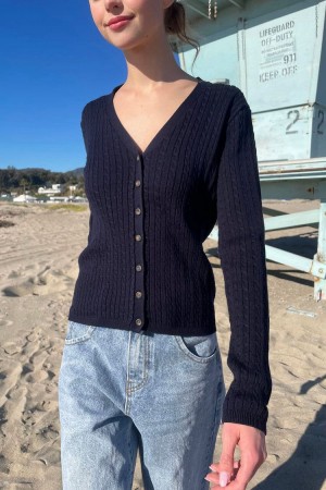 Kardigan Brandy Melville Zoe V-Neck Tmavě Blankyt | CZ BQNJX-3247