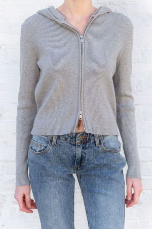 Mikina s Kapucí Brandy Melville Arden Crop Šedé | CZ YHJLQ-1862