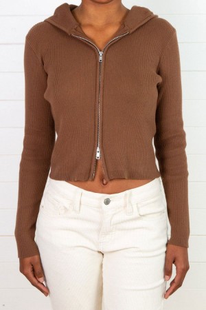 Mikina s Kapucí Brandy Melville Arden Crop Hnědé | CZ CXTUI-6970