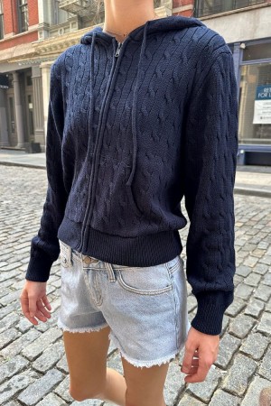 Mikina s Kapucí Brandy Melville Ayla Cable Knit Tmavě Blankyt | CZ GWXZI-5930