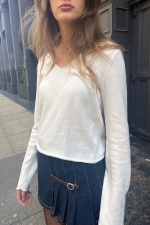 Svetr Brandy Melville Andi V-Neck Bavlněné Bílé | CZ JEFGD-0263