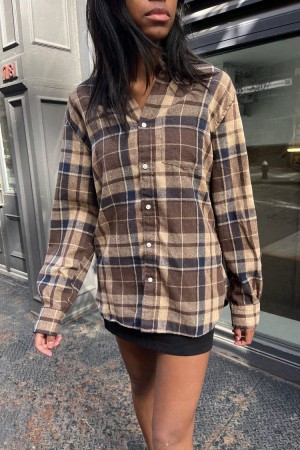 Topy Brandy Melville Hazel Flannel Hnědé Tmavě Blankyt | CZ VIPHK-9154