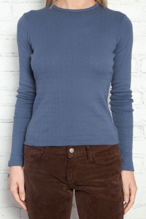 Topy Brandy Melville Leah Scallop Eyelet Long Sleeve Tmavě Blankyt | CZ ZDPHB-6743