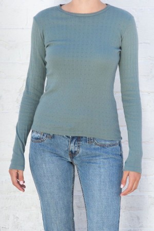 Topy Brandy Melville Leah Scallop Eyelet Long Sleeve Tyrkysové | CZ EWRSP-7693