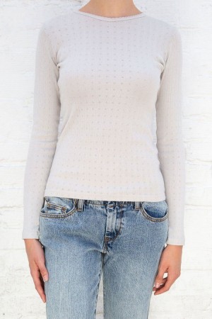 Topy Brandy Melville Leah Scallop Eyelet Long Sleeve Béžový | CZ RMNUV-9608