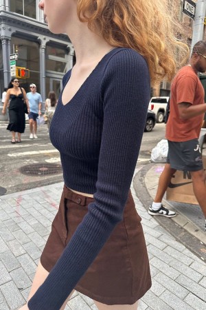 Topy Brandy Melville Meka Longsleeve Knit Tmavě Blankyt | CZ ZIDHY-6074
