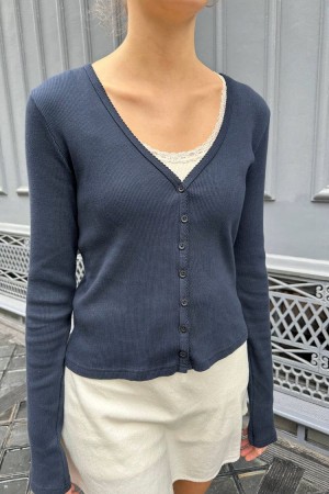 Topy Brandy Melville Paige Ruffle Long Sleeve Tmavě Blankyt | CZ HCWJY-2507