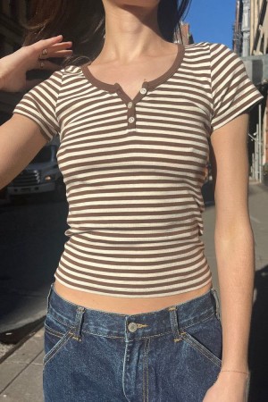 Topy Brandy Melville Zelly Long Stripe Bílé Hnědé | CZ RDPOY-2905